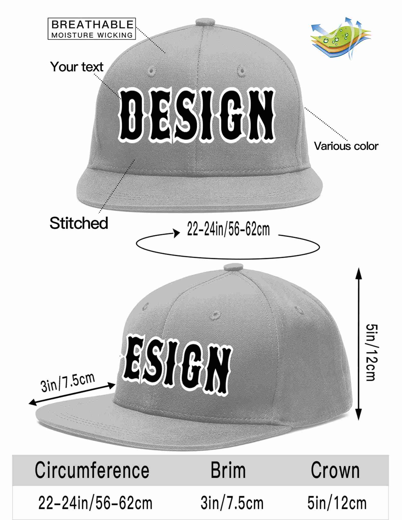 Custom Gray Black-White Flat Eaves Sport Baseball Cap Design for Men/Women/Youth