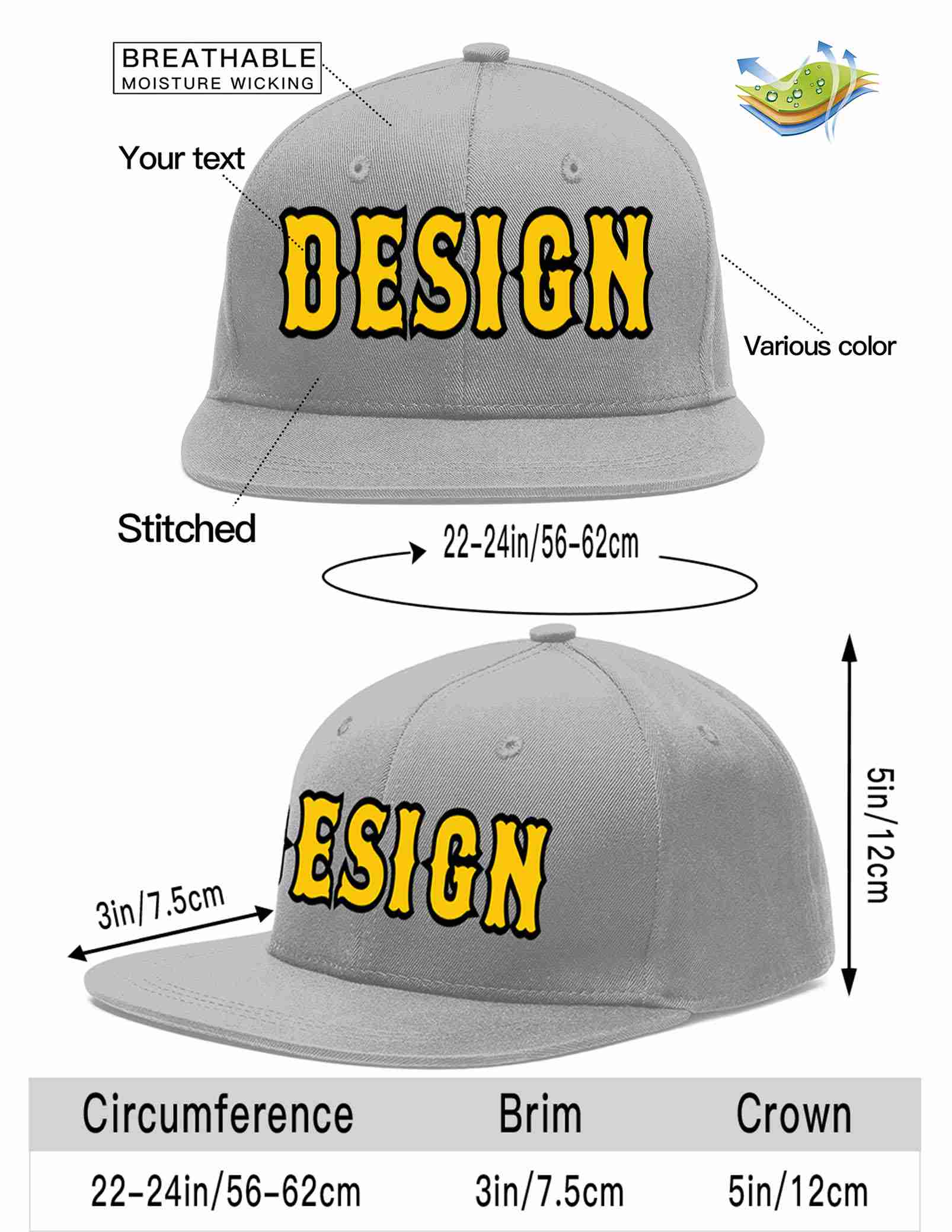 Custom Gray Gold-Black Flat Eaves Sport Baseball Cap Design for Men/Women/Youth