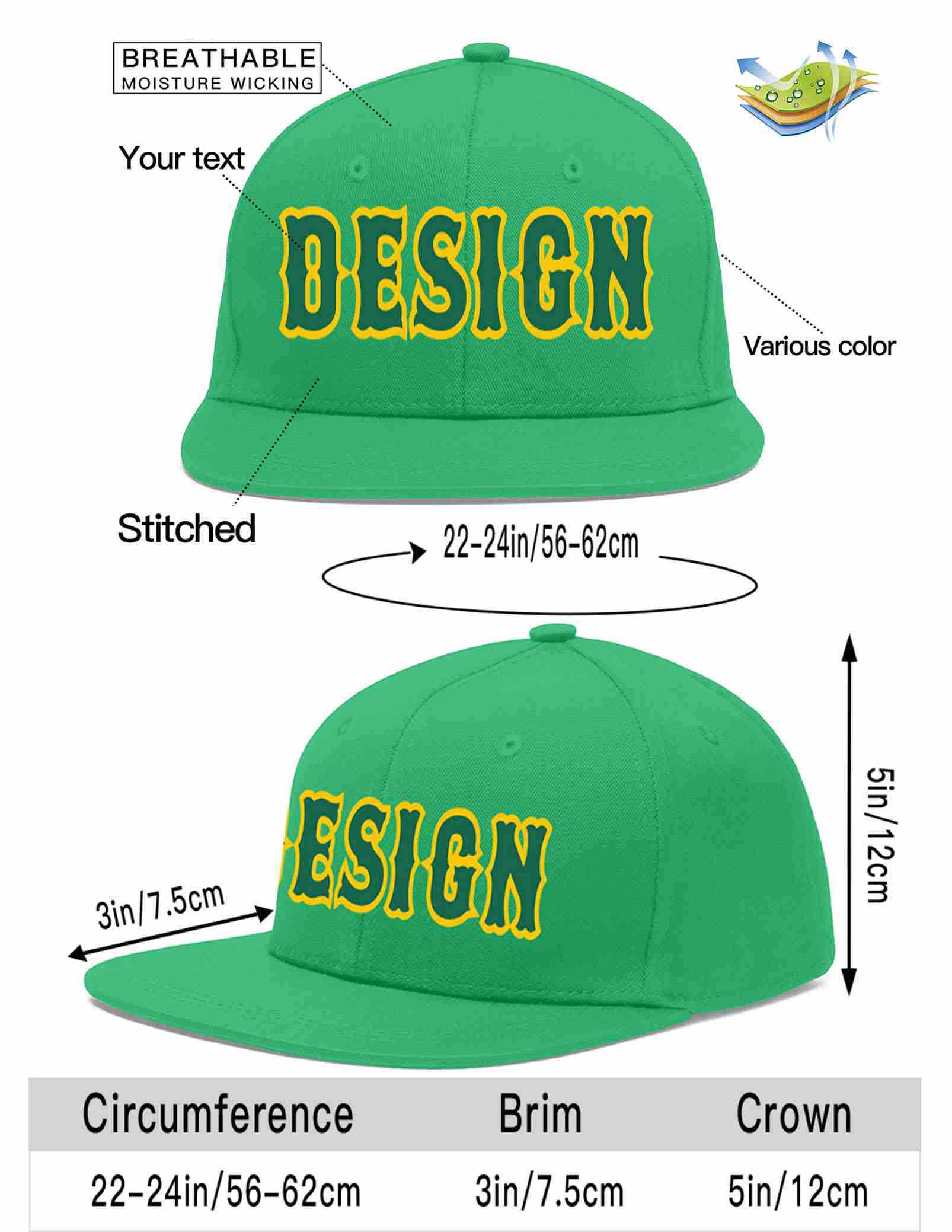 Custom Teal Kelly Green-Gold Flat Eaves Sport Baseball Cap