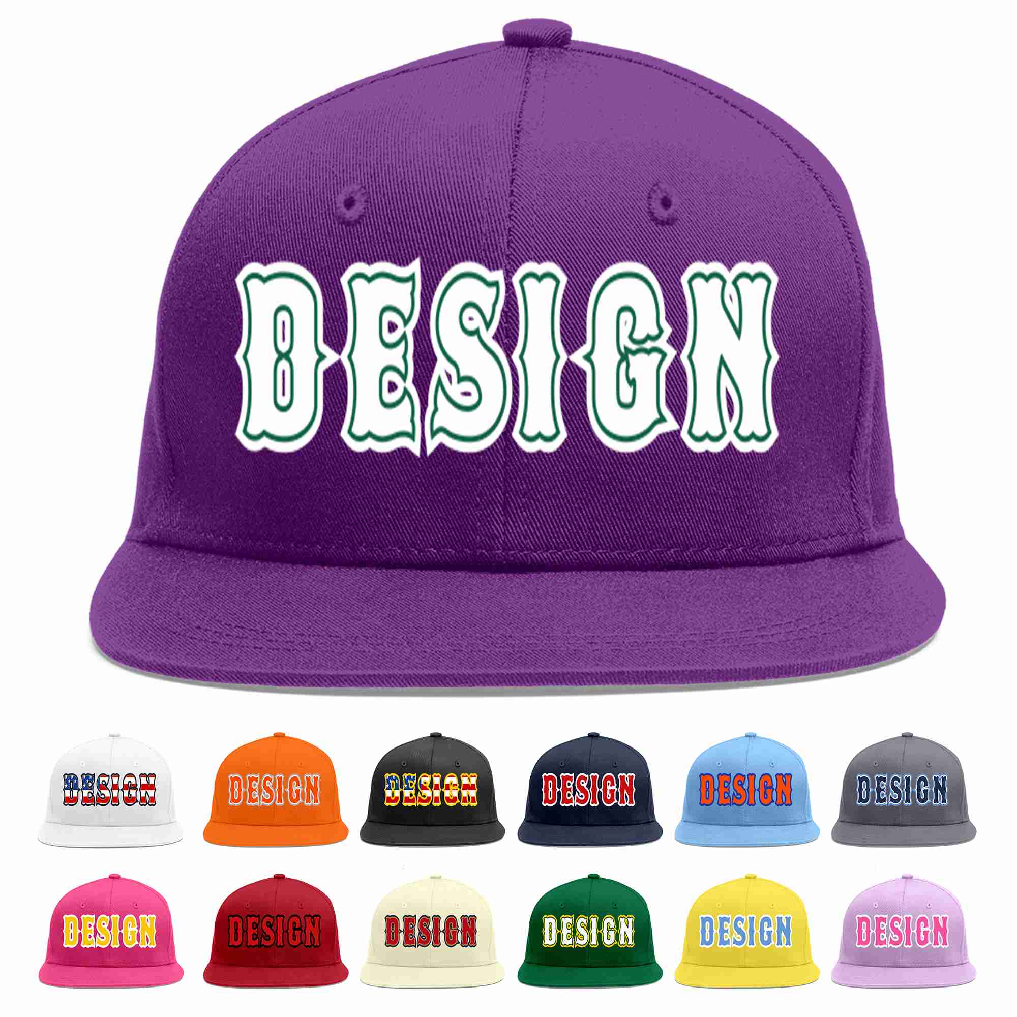 Conception personnalisée de casquette de baseball de sport à avant-toit plat violet blanc-vert Kelly pour hommes/femmes/jeunes