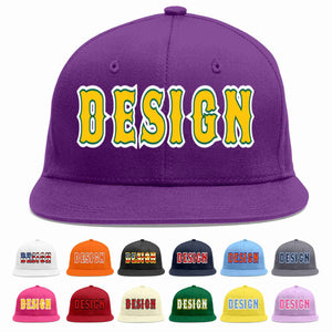 Custom Purple Gold-Kelly Green Flat Eaves Sport Baseball Cap Design for Men/Women/Youth