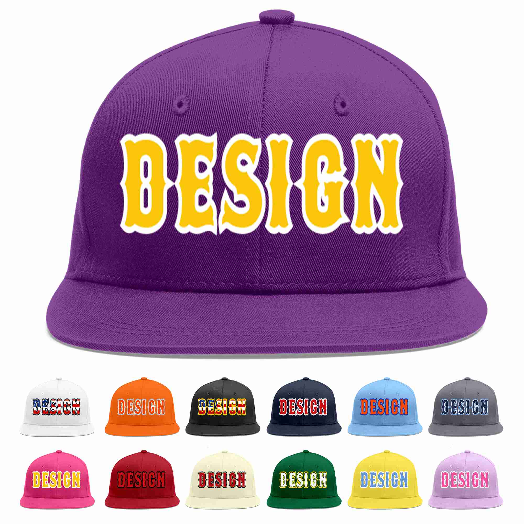 Conception personnalisée de casquette de baseball de sport à avant-toit plat violet or-blanc pour hommes/femmes/jeunes