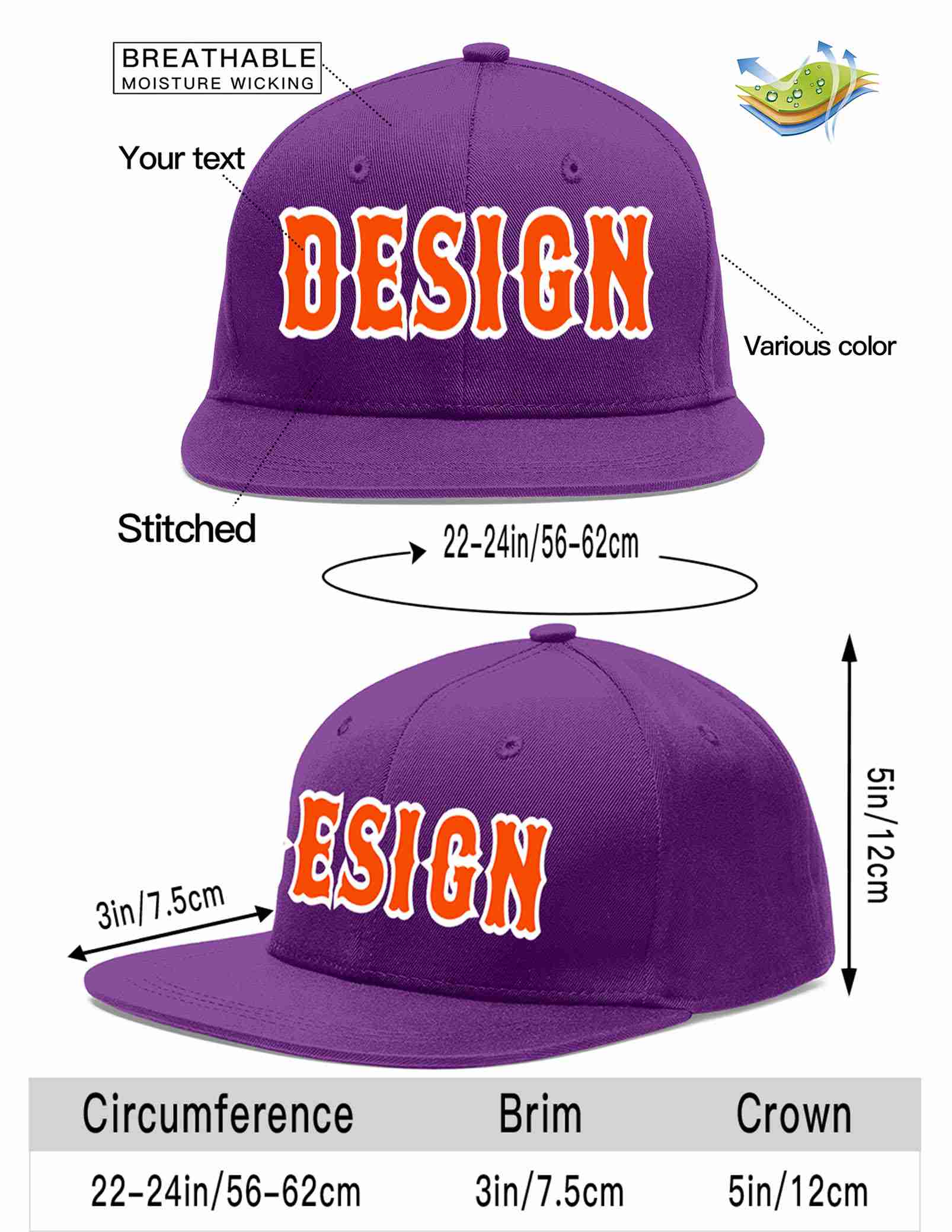 Conception personnalisée de casquette de baseball de sport à avant-toit plat violet orange-blanc pour hommes/femmes/jeunes