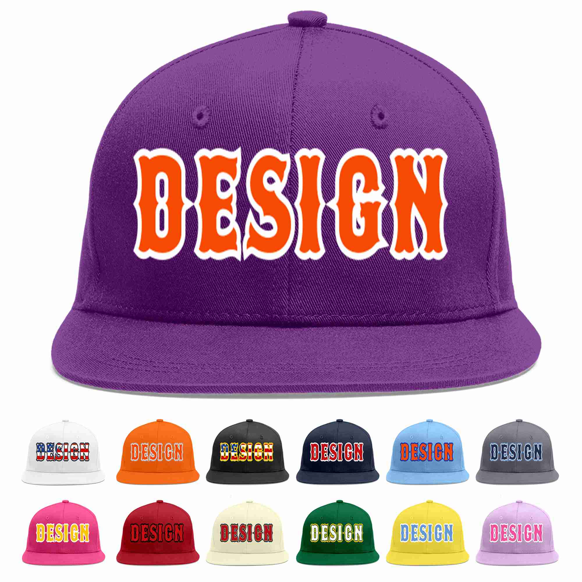 Conception personnalisée de casquette de baseball de sport à avant-toit plat violet orange-blanc pour hommes/femmes/jeunes