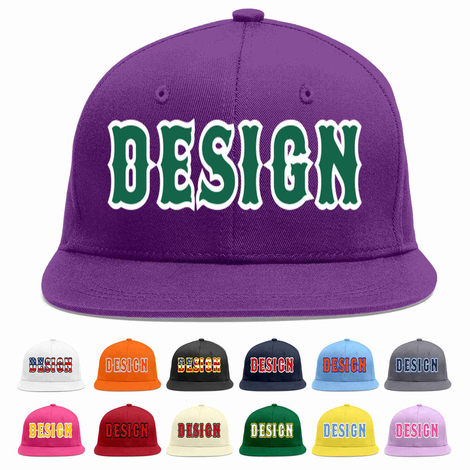 Custom Purple Kelly Green-White Flat Eaves Sport Baseball Cap Design for Men/Women/Youth