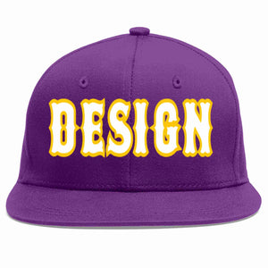 Custom Purple White-Gold Flat Eaves Sport Baseball Cap Design for Men/Women/Youth