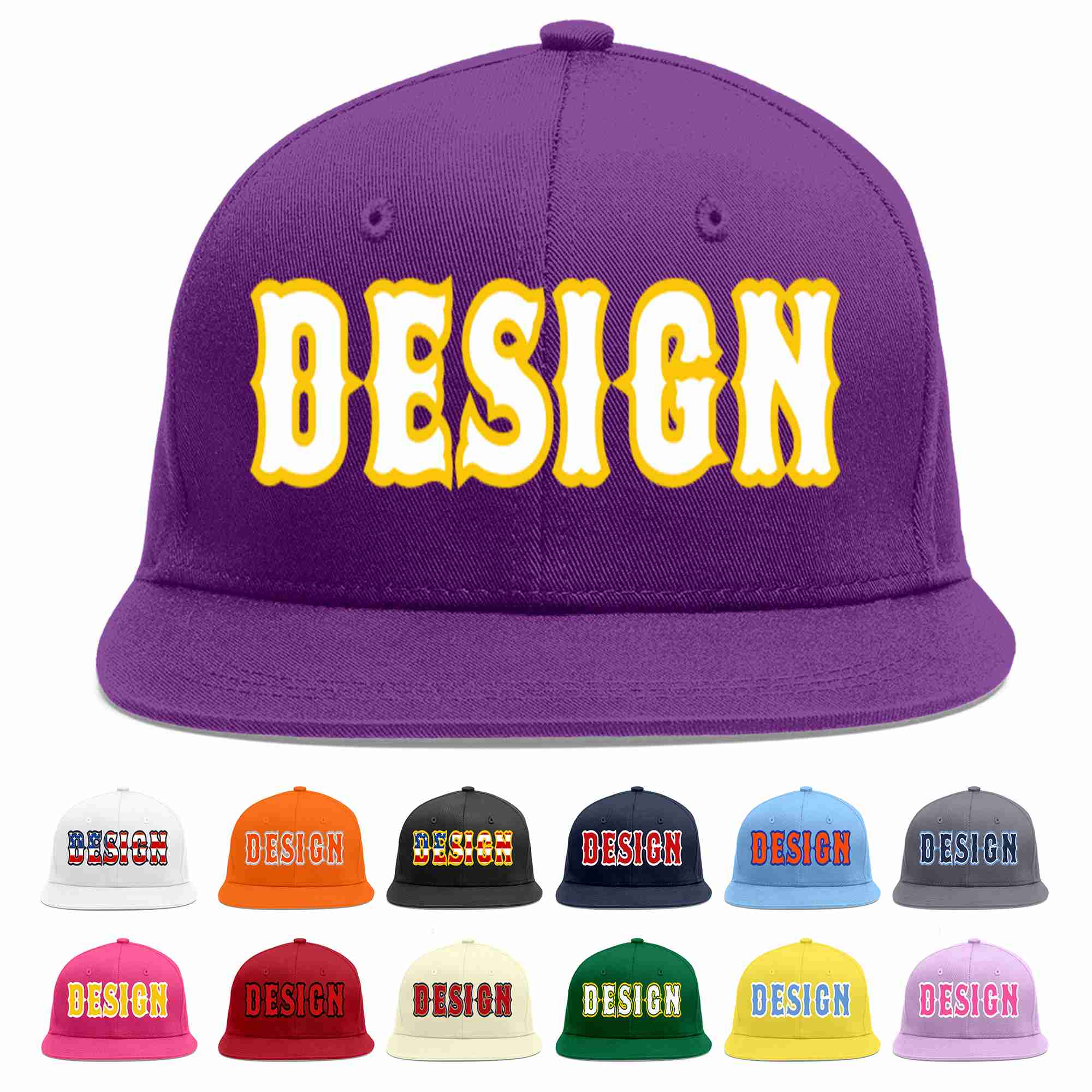 Conception personnalisée de casquette de baseball de sport à avant-toit plat violet blanc-or pour hommes/femmes/jeunes