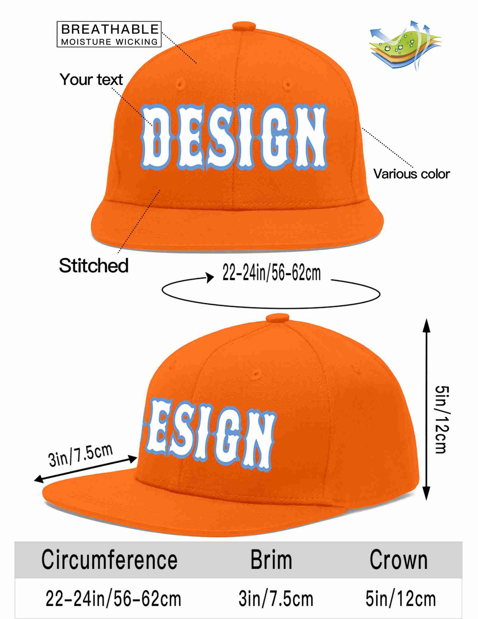 Conception personnalisée de casquette de baseball de sport à avant-toit plat orange blanc-bleu clair pour hommes/femmes/jeunes