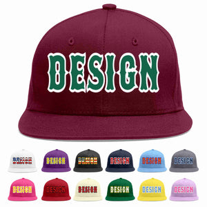 Custom Crimson Kelly Green-White Flat Eaves Sport Baseball Cap Design for Men/Women/Youth