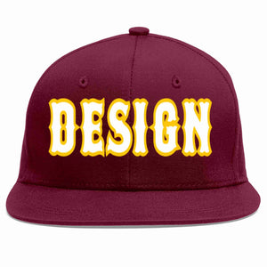 Custom Crimson White-Gold Flat Eaves Sport Baseball Cap Design for Men/Women/Youth