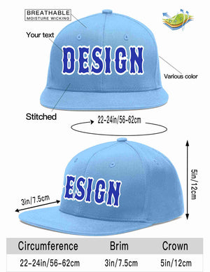 Custom Light Blue Royal-White Flat Eaves Sport Baseball Cap Design for Men/Women/Youth