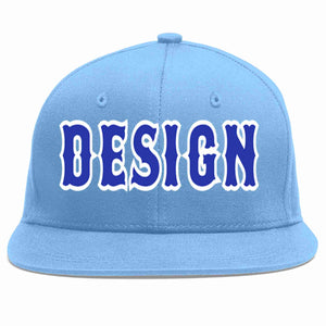 Custom Light Blue Royal-White Flat Eaves Sport Baseball Cap Design for Men/Women/Youth