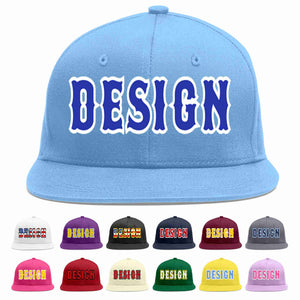 Custom Light Blue Royal-White Flat Eaves Sport Baseball Cap Design for Men/Women/Youth