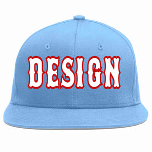 Conception personnalisée de casquette de baseball de sport à avant-toit plat bleu clair blanc-rouge pour hommes/femmes/jeunes