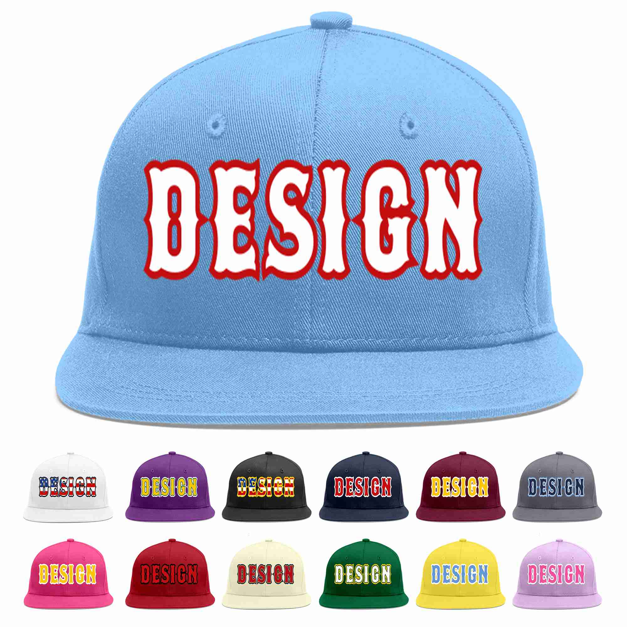 Custom Light Blue White-Red Flat Eaves Sport Baseball Cap Design for Men/Women/Youth