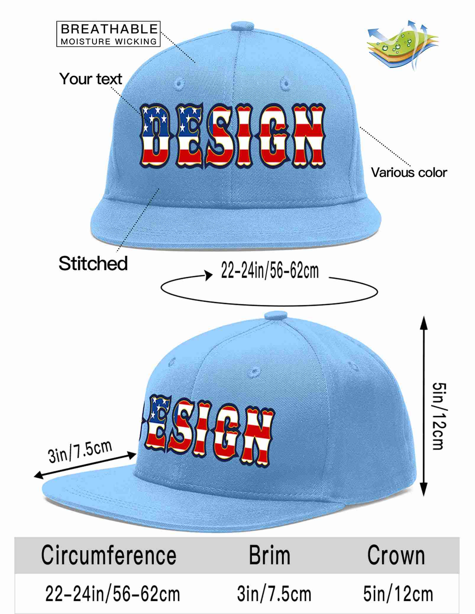 Custom Light Blue Vintage USA Flag-Gold Flat Eaves Sport Baseball Cap Design for Men/Women/Youth