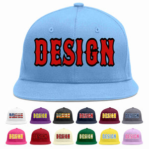 Custom Light Blue Red-Black Flat Eaves Sport Baseball Cap Design for Men/Women/Youth