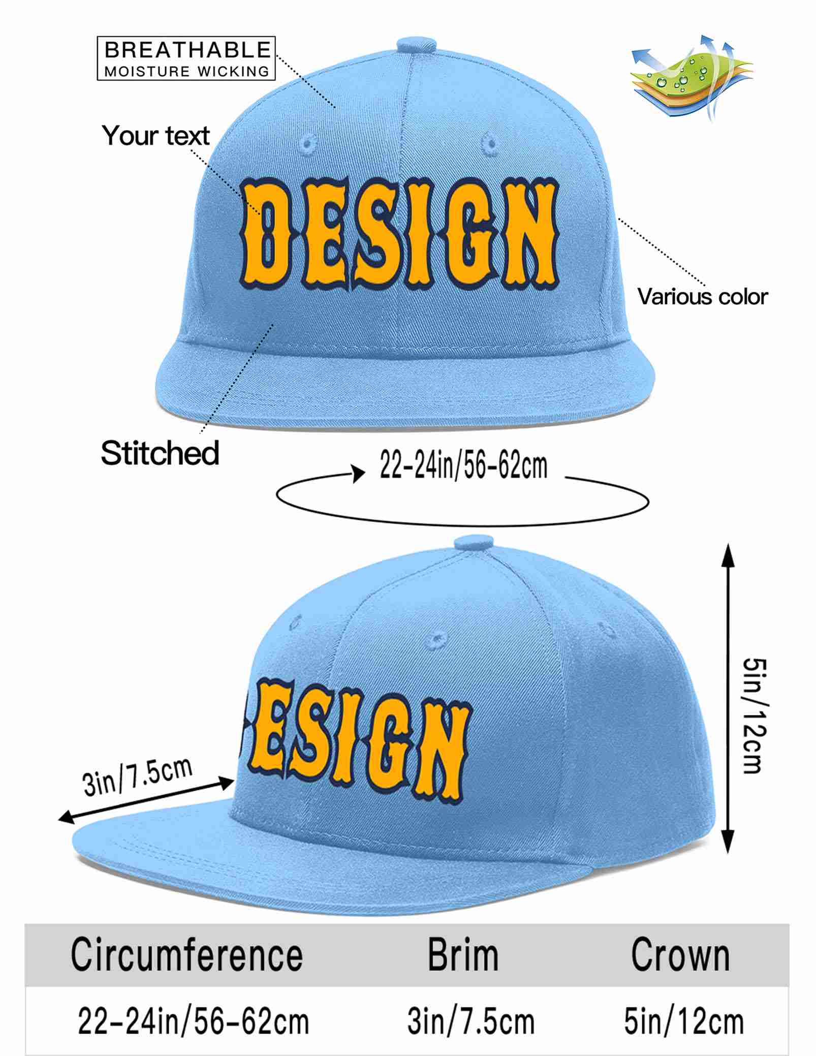 Custom Light Blue Yellow-Navy Flat Eaves Sport Baseball Cap Design for Men/Women/Youth