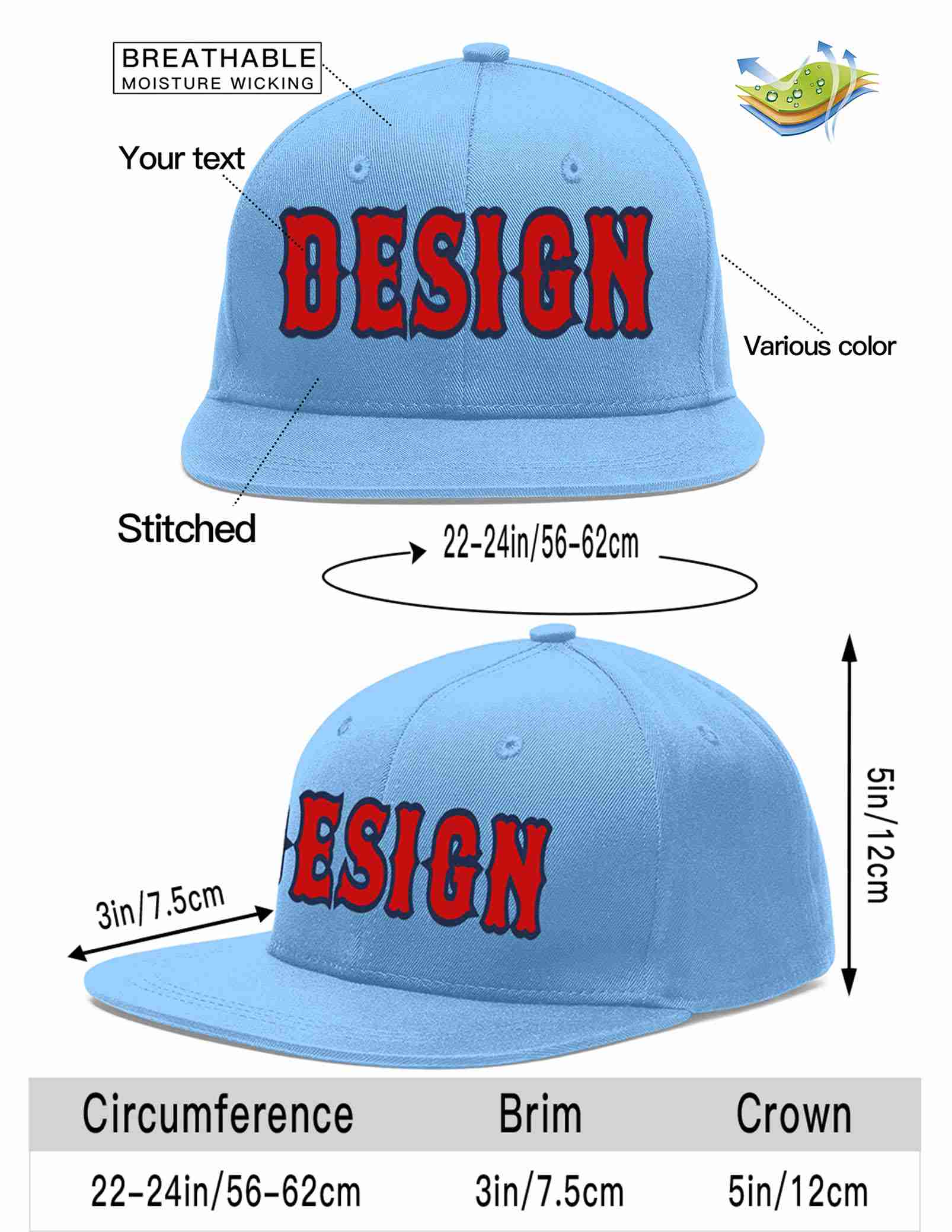 Custom Light Blue Red-Navy Flat Eaves Sport Baseball Cap Design for Men/Women/Youth