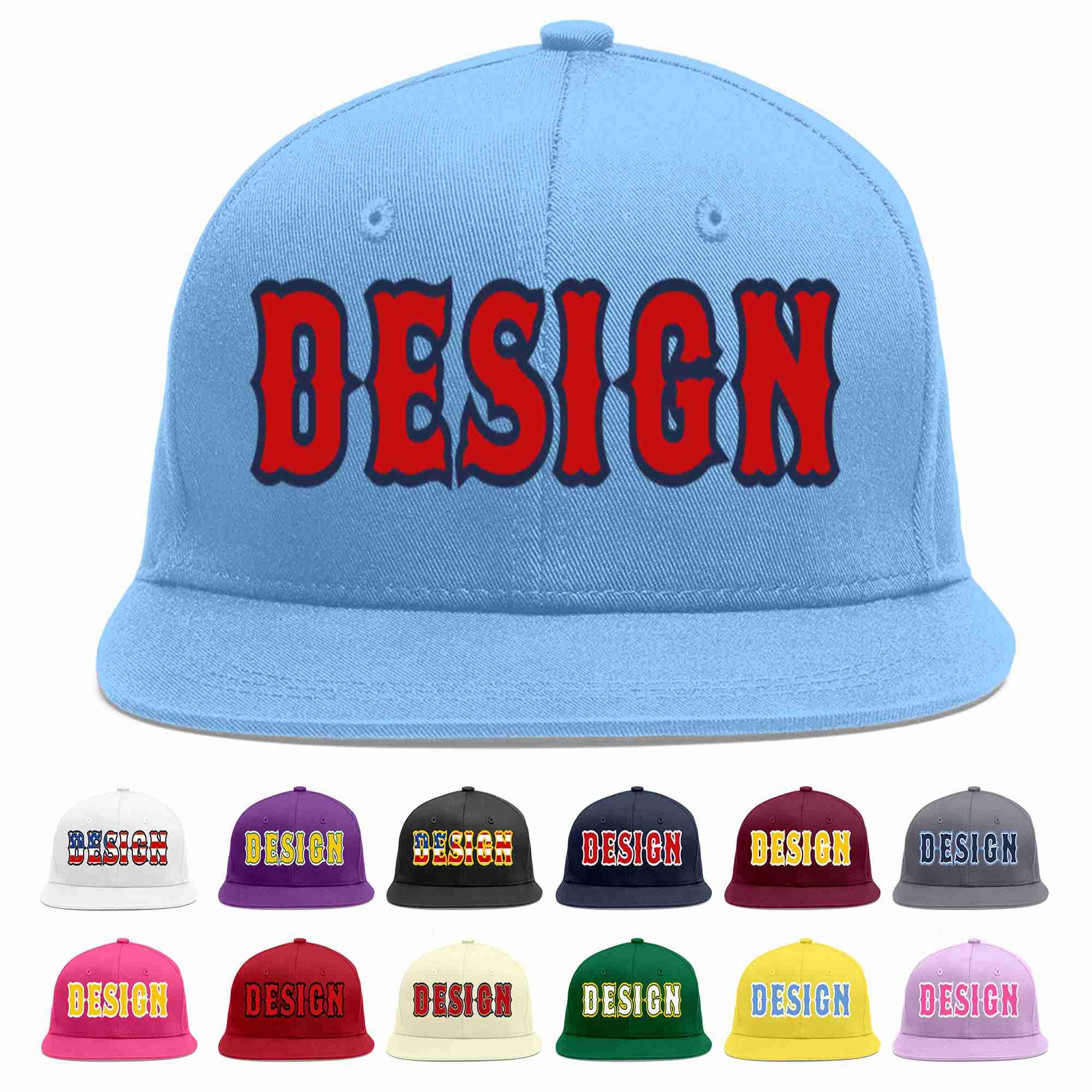 Custom Light Blue Red-Navy Flat Eaves Sport Baseball Cap Design for Men/Women/Youth