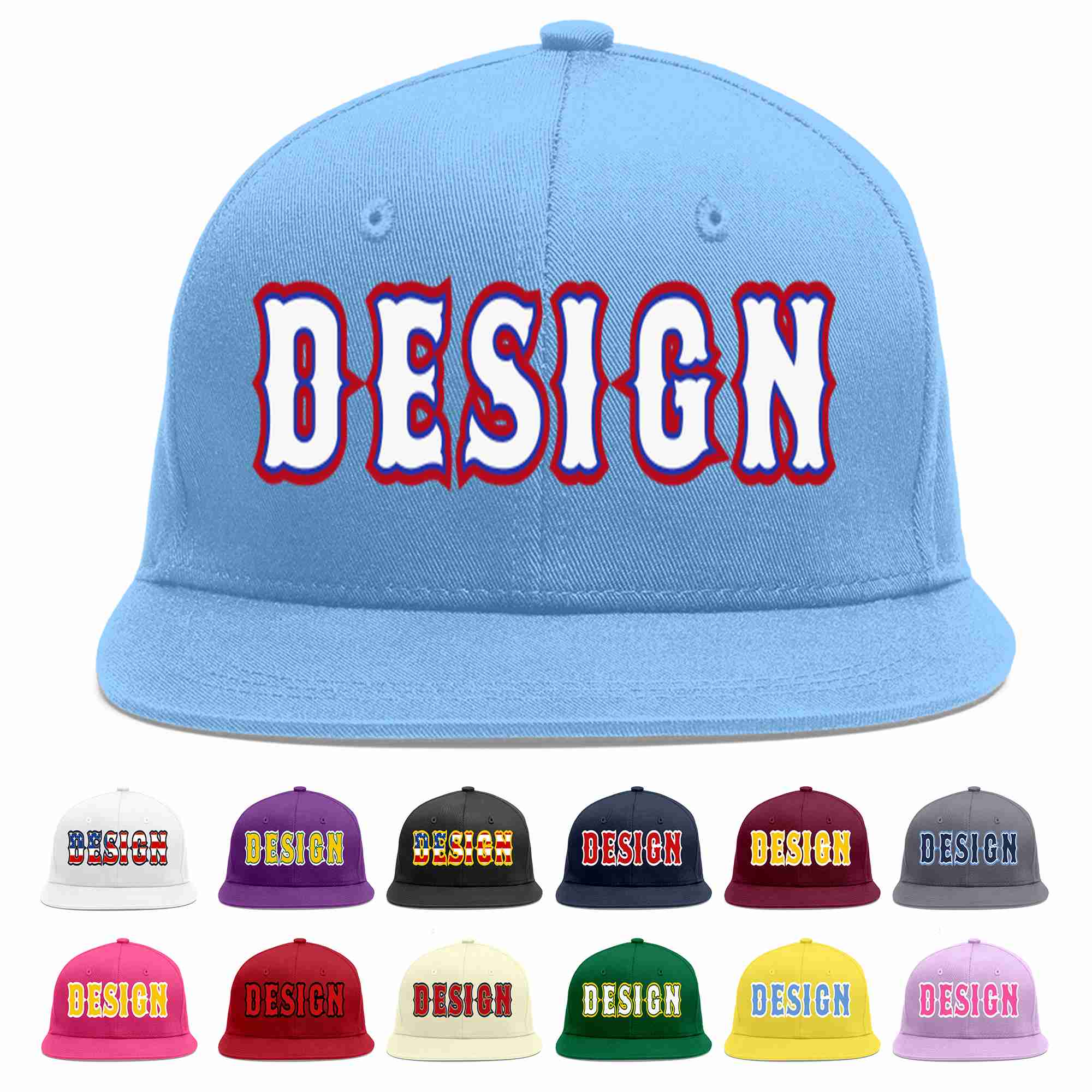 Custom Light Blue White-Royal Flat Eaves Sport Baseball Cap Design for Men/Women/Youth