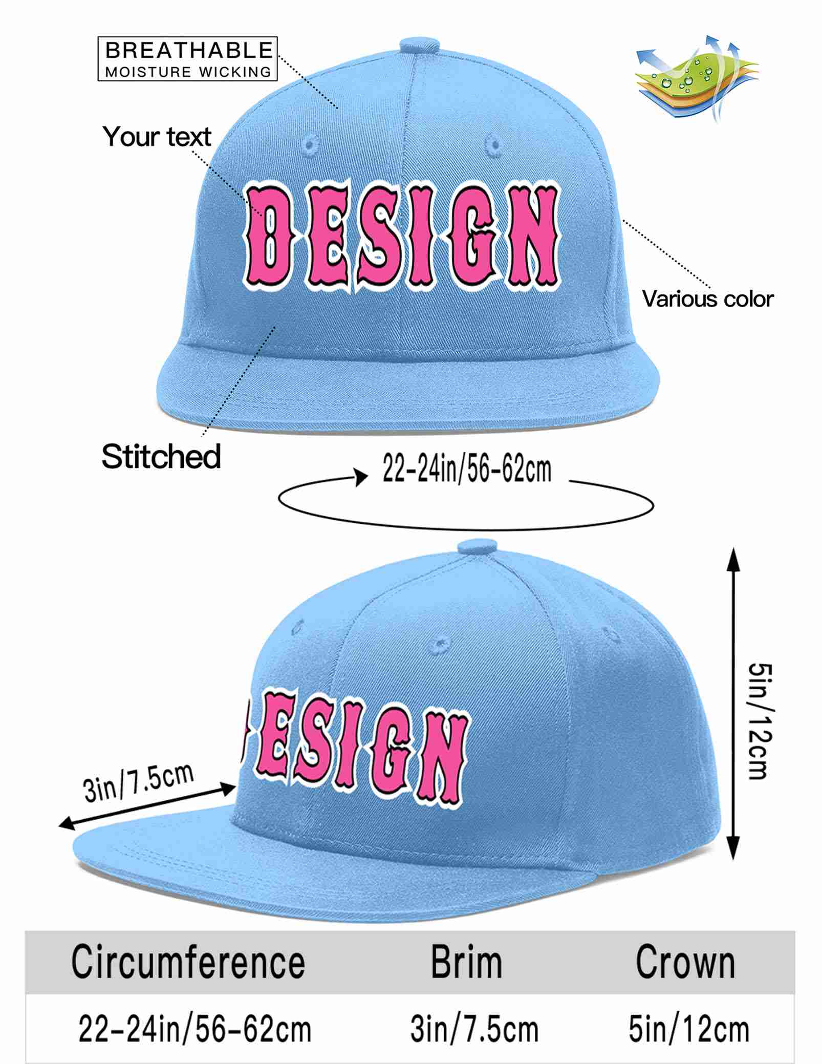 Custom Light Blue Pink-Black Flat Eaves Sport Baseball Cap Design for Men/Women/Youth