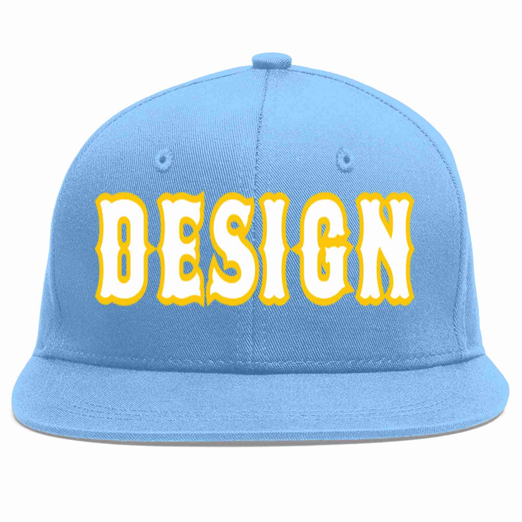 Custom Light Blue White-Gold Flat Eaves Sport Baseball Cap Design for Men/Women/Youth