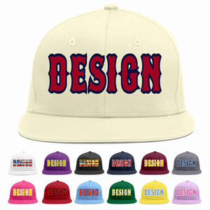 Custom Cream Red-Navy Flat Eaves Sport Baseball Cap Design for Men/Women/Youth