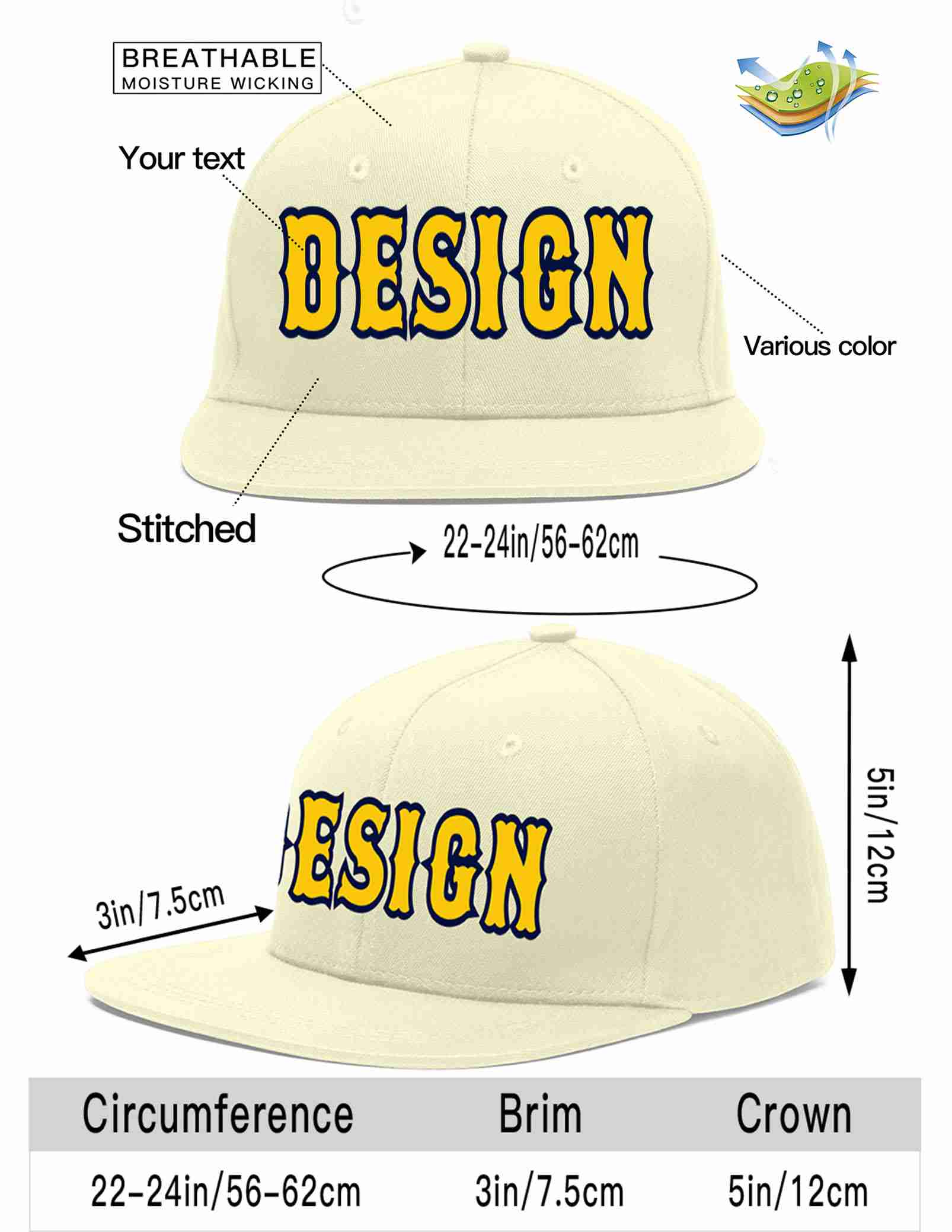 Custom Cream Gold-Navy Flat Eaves Sport Baseball Cap Design for Men/Women/Youth