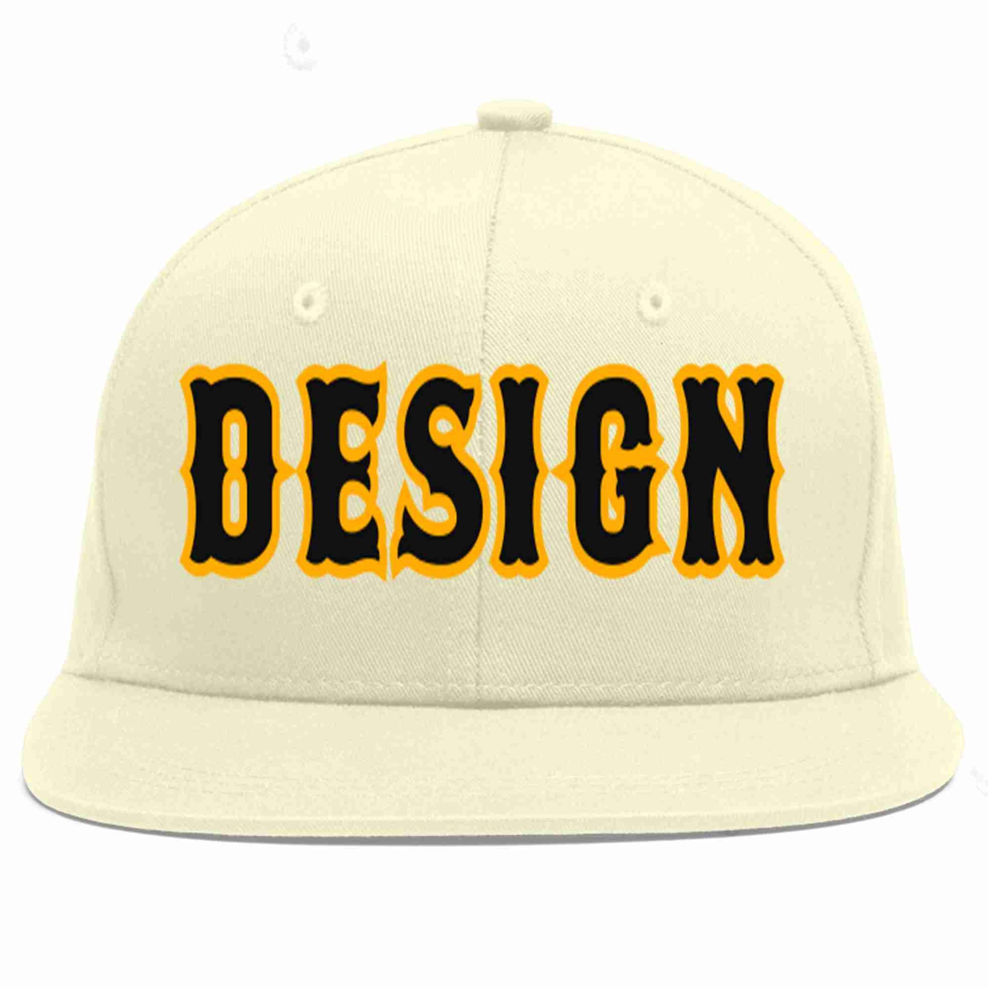 Custom Cream Black-Yellow Flat Eaves Sport Baseball Cap Design for Men/Women/Youth