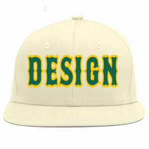 Custom Cream Kelly Green-Gold Flat Eaves Sport Baseball Cap Design for Men/Women/Youth