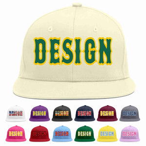 Custom Cream Kelly Green-Gold Flat Eaves Sport Baseball Cap Design for Men/Women/Youth