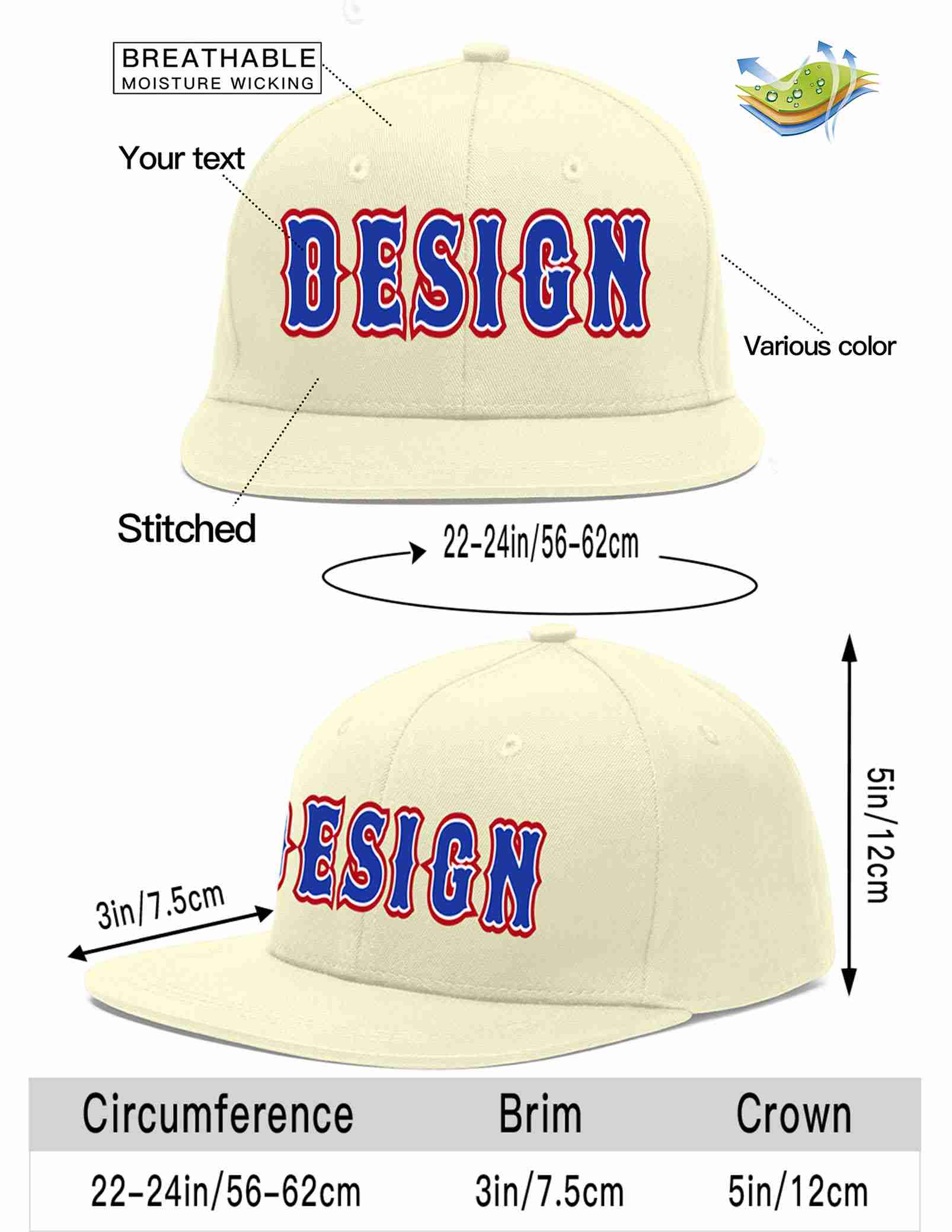 Custom Cream Royal-White Flat Eaves Sport Baseball Cap Design for Men/Women/Youth