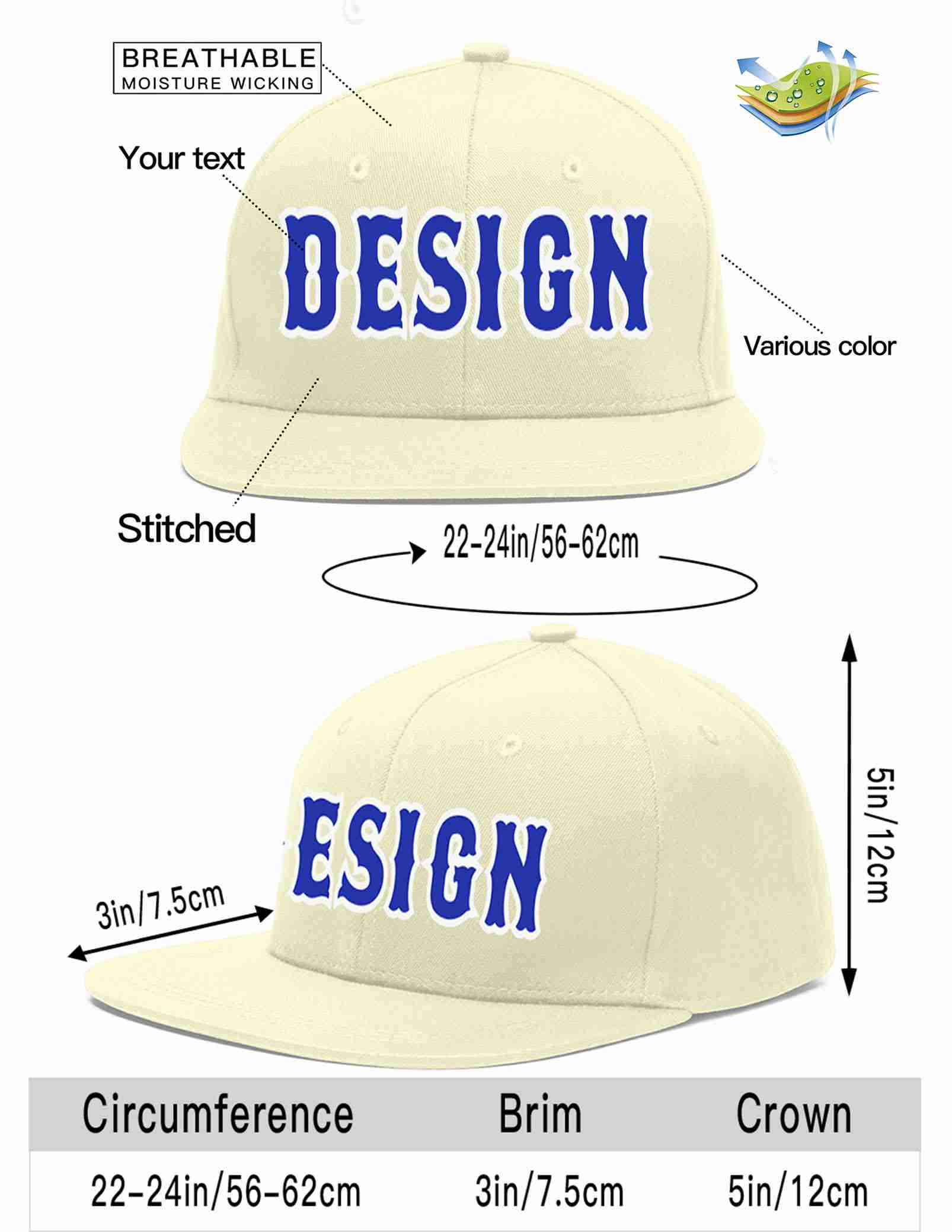 Custom Cream Royal-White Flat Eaves Sport Baseball Cap Design for Men/Women/Youth