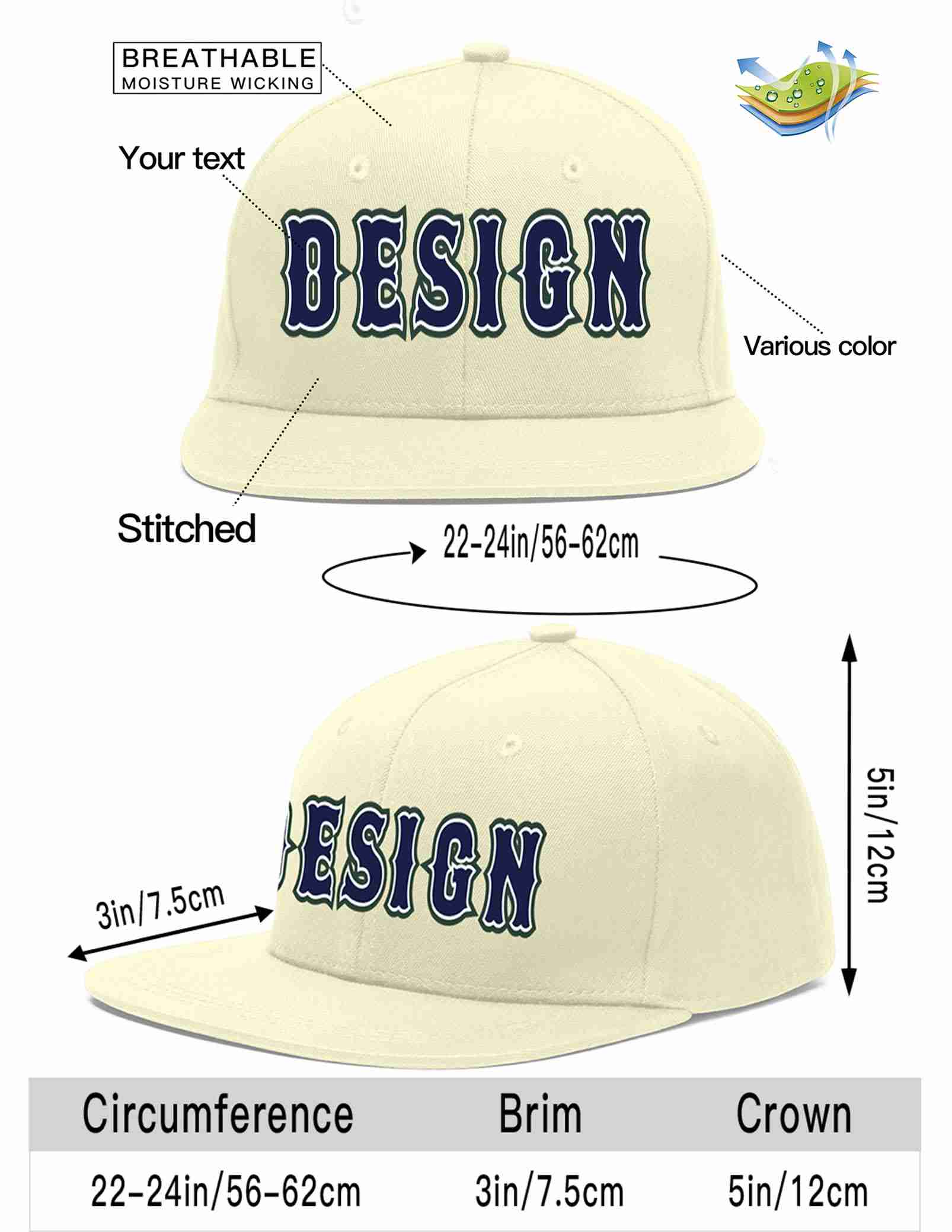 Custom Cream Navy-White Flat Eaves Sport Baseball Cap Design for Men/Women/Youth