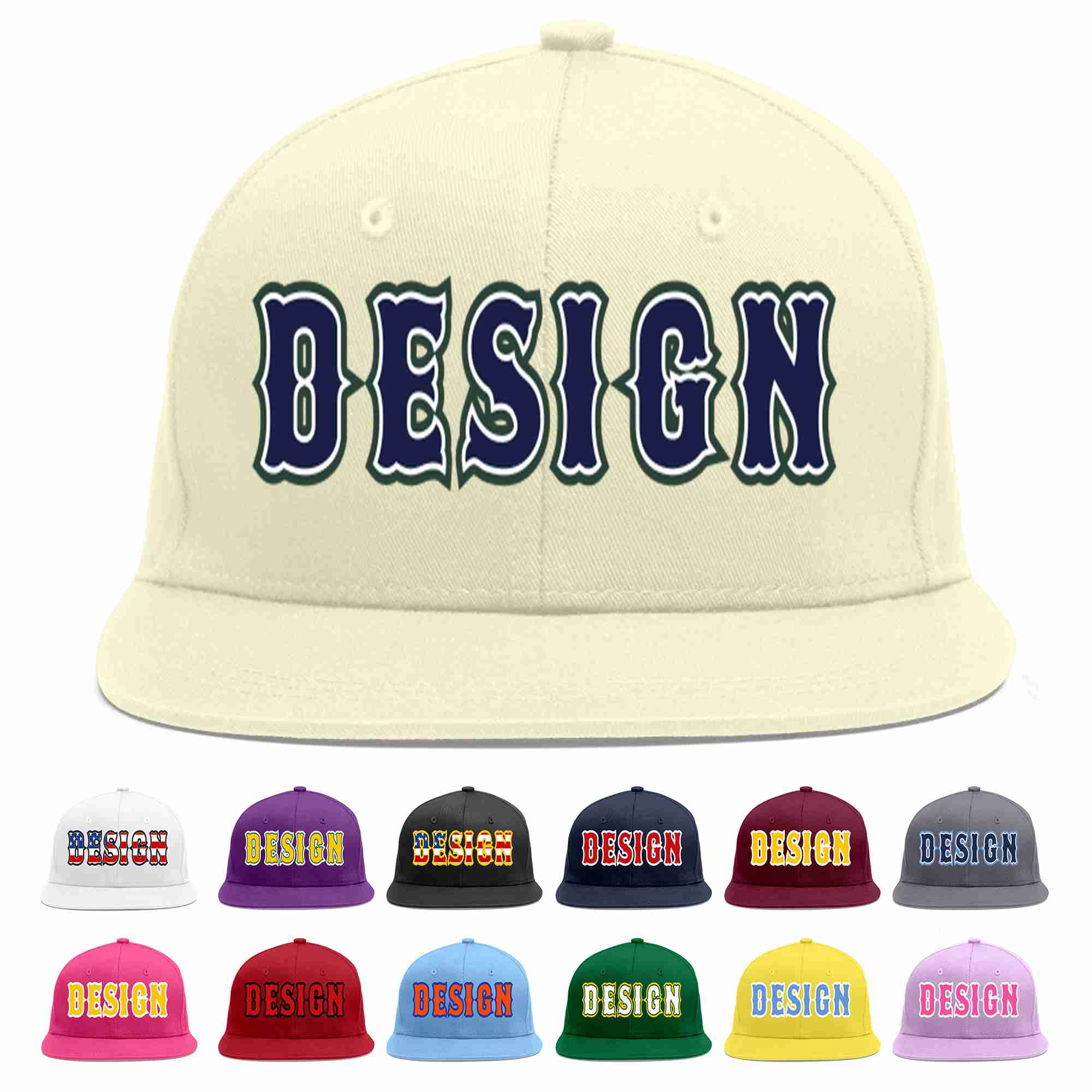 Custom Cream Navy-White Flat Eaves Sport Baseball Cap Design for Men/Women/Youth