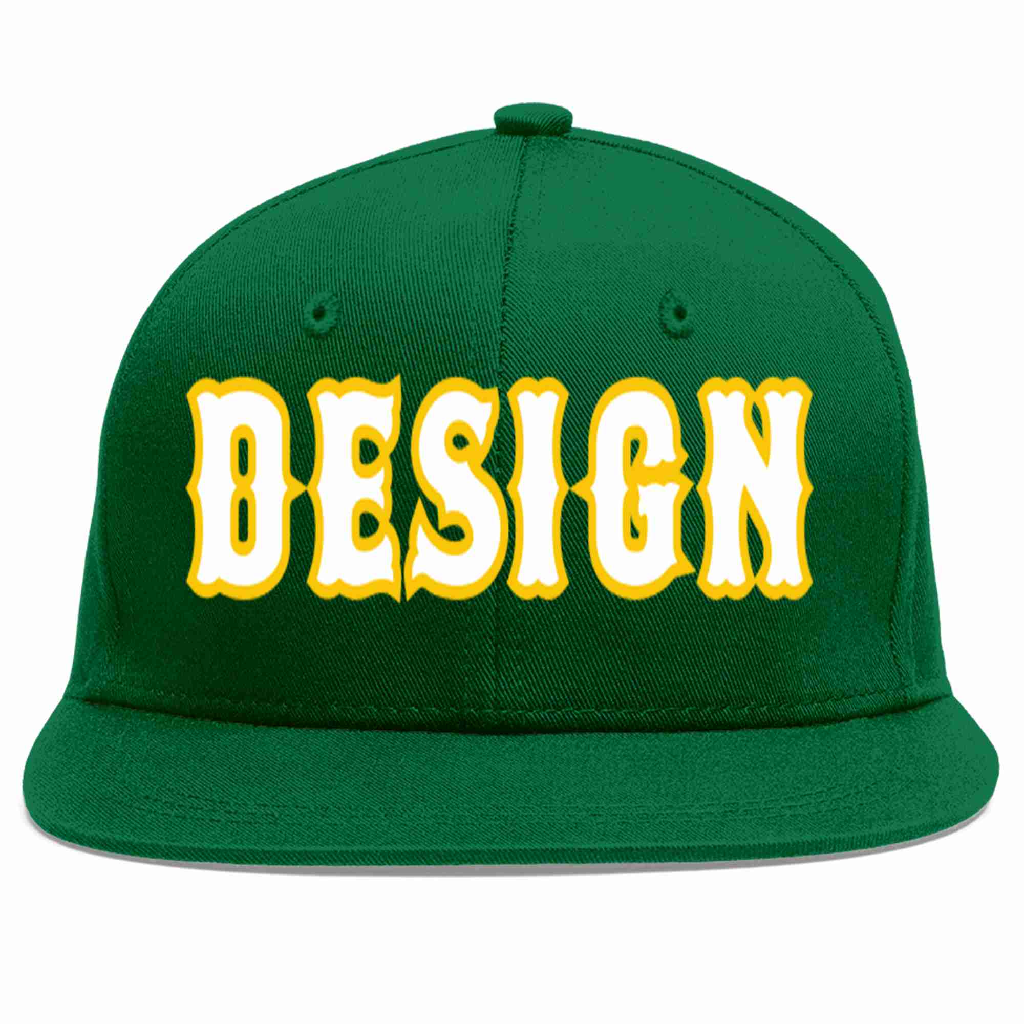 Conception personnalisée de casquette de baseball de sport à avant-toit plat vert blanc-or pour hommes/femmes/jeunes