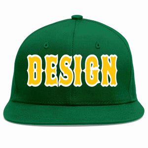 Custom Green Gold-White Flat Eaves Sport Baseball Cap Design for Men/Women/Youth