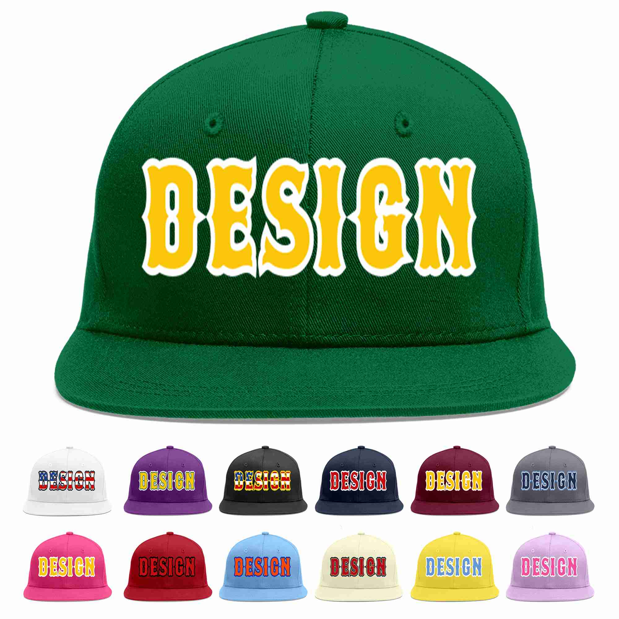 Custom Green Gold-White Flat Eaves Sport Baseball Cap Design for Men/Women/Youth