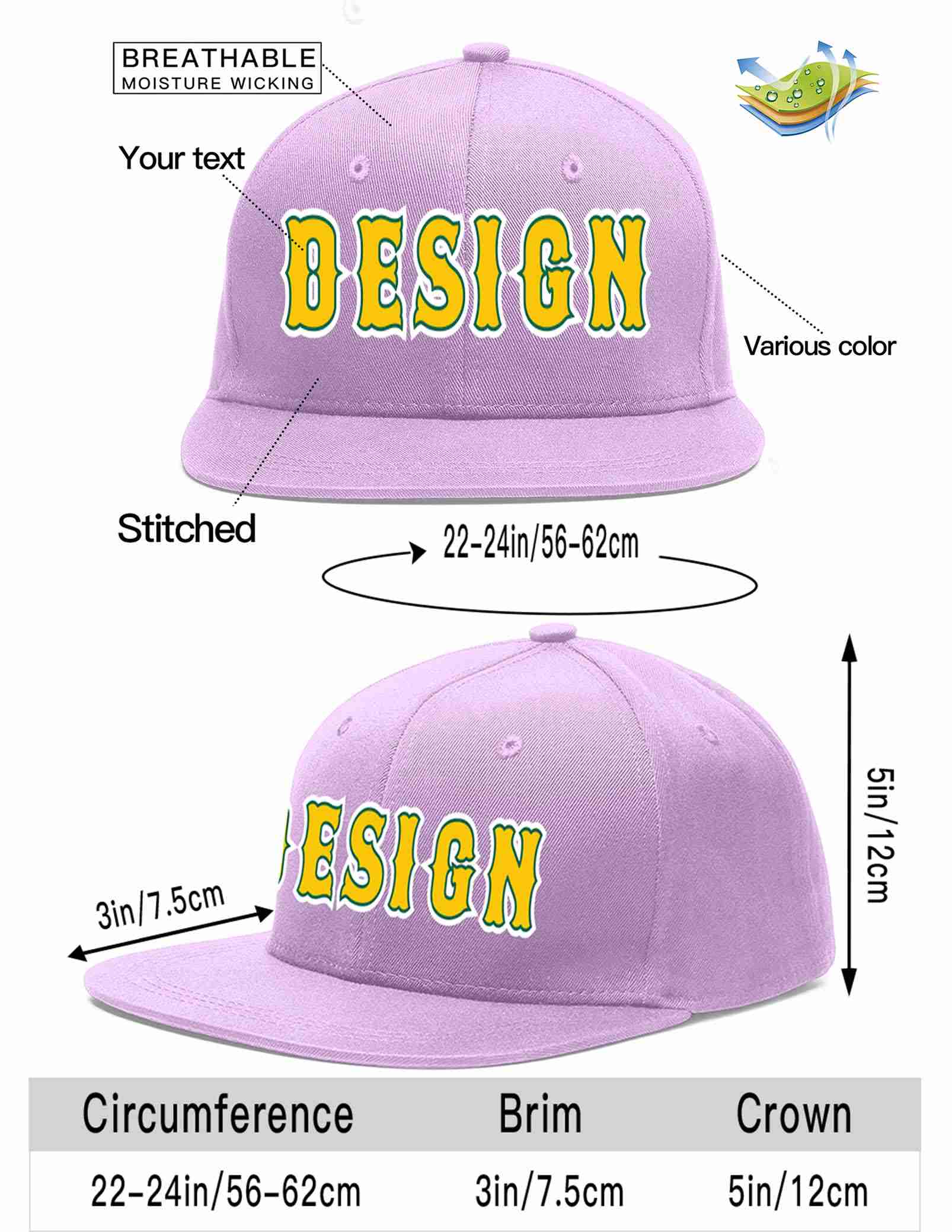 Custom Light Purple Gold-Kelly Green Flat Eaves Sport Baseball Cap Design for Men/Women/Youth