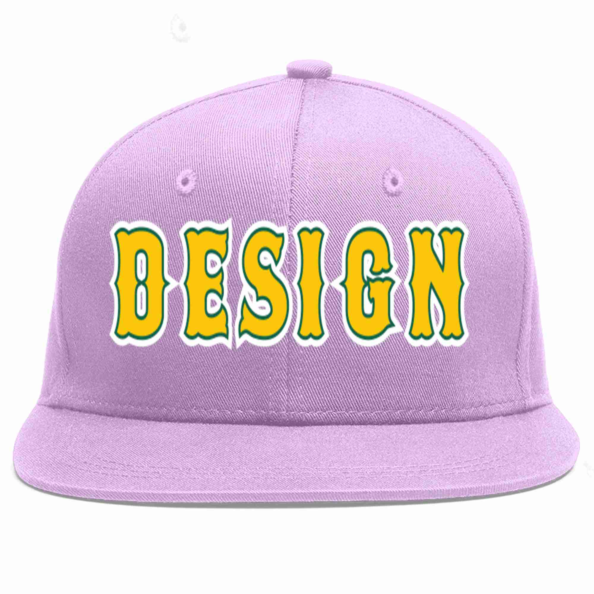 Custom Light Purple Gold-Kelly Green Flat Eaves Sport Baseball Cap Design for Men/Women/Youth