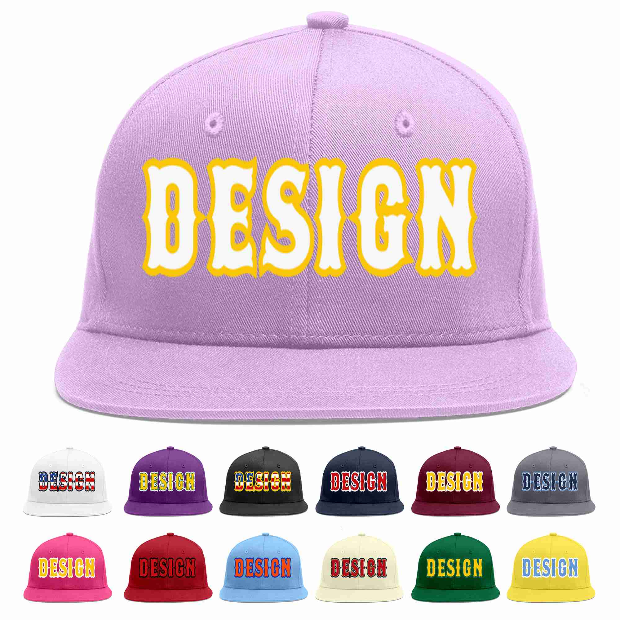 Custom Light Purple White-Gold Flat Eaves Sport Baseball Cap Design for Men/Women/Youth