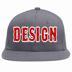 Custom Dark Gray Red-White Flat Eaves Sport Baseball Cap Design for Men/Women/Youth