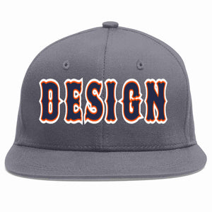 Custom Dark Gray Navy-Orange Flat Eaves Sport Baseball Cap Design for Men/Women/Youth