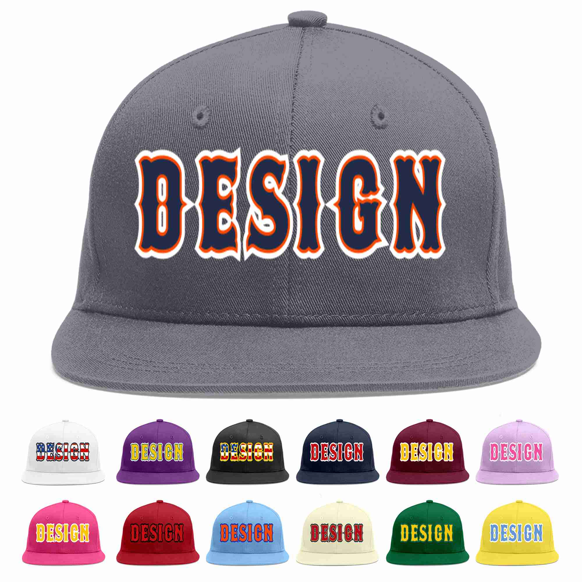 Casquette de baseball sport personnalisée gris foncé, bleu marine et orange, design plat pour hommes/femmes/jeunes