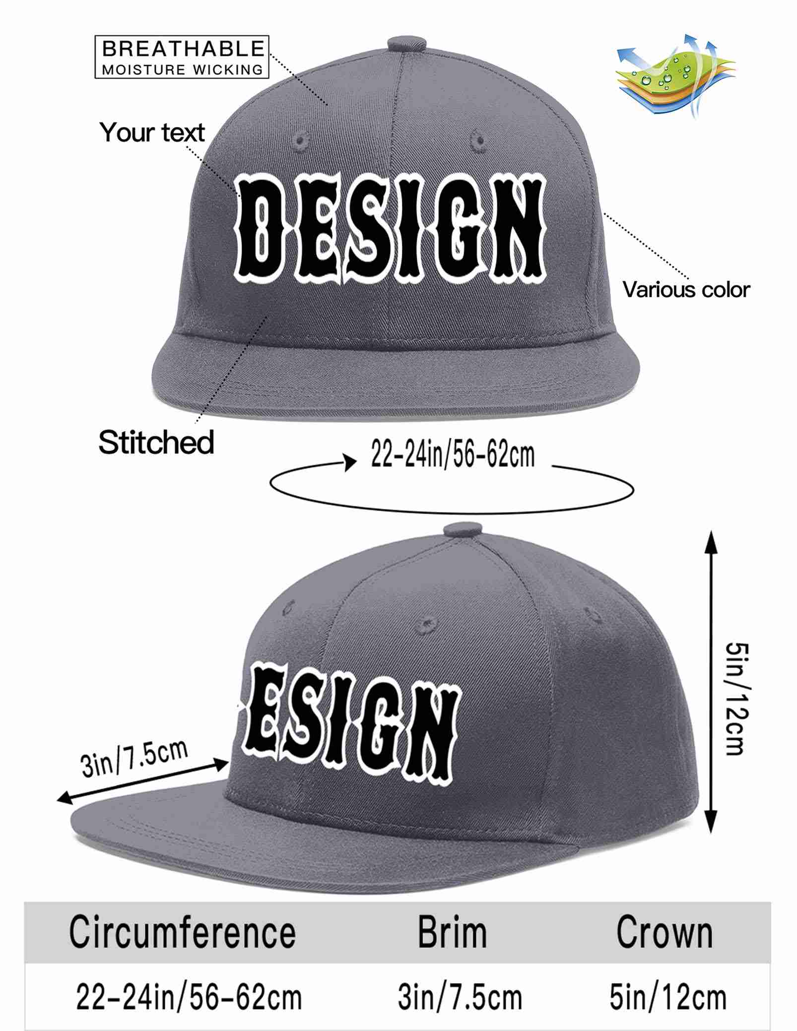 Custom Dark Gray Black-White Flat Eaves Sport Baseball Cap Design for Men/Women/Youth