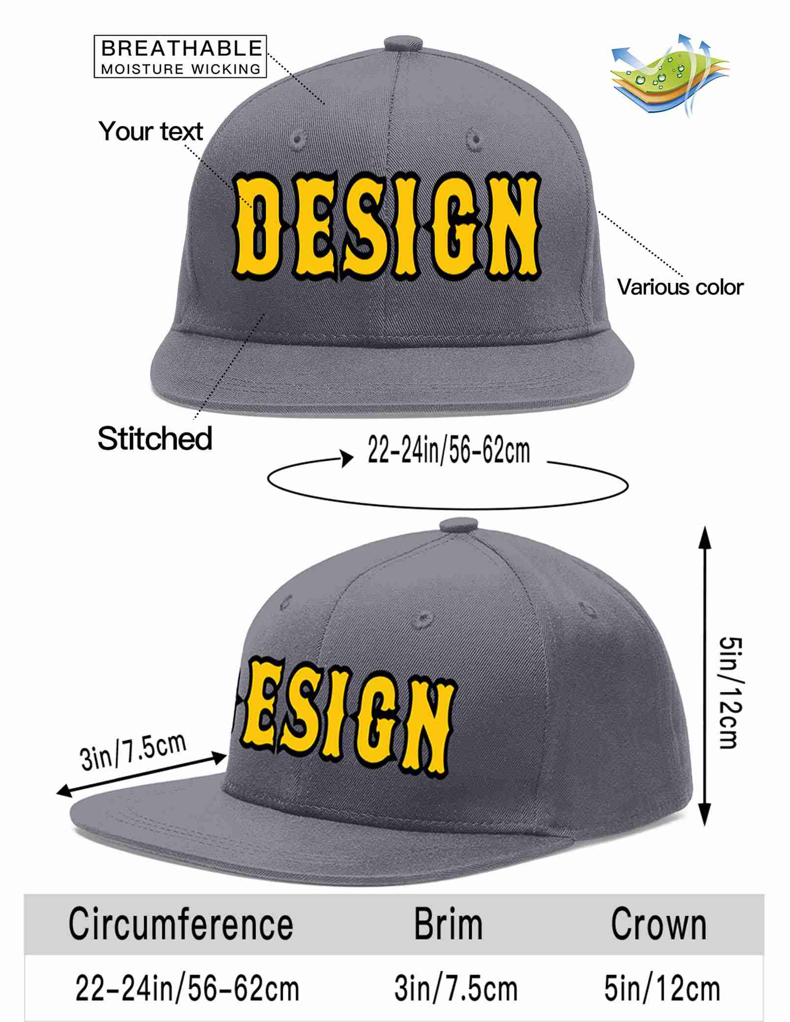 Custom Dark Gray Gold-Black Flat Eaves Sport Baseball Cap Design for Men/Women/Youth