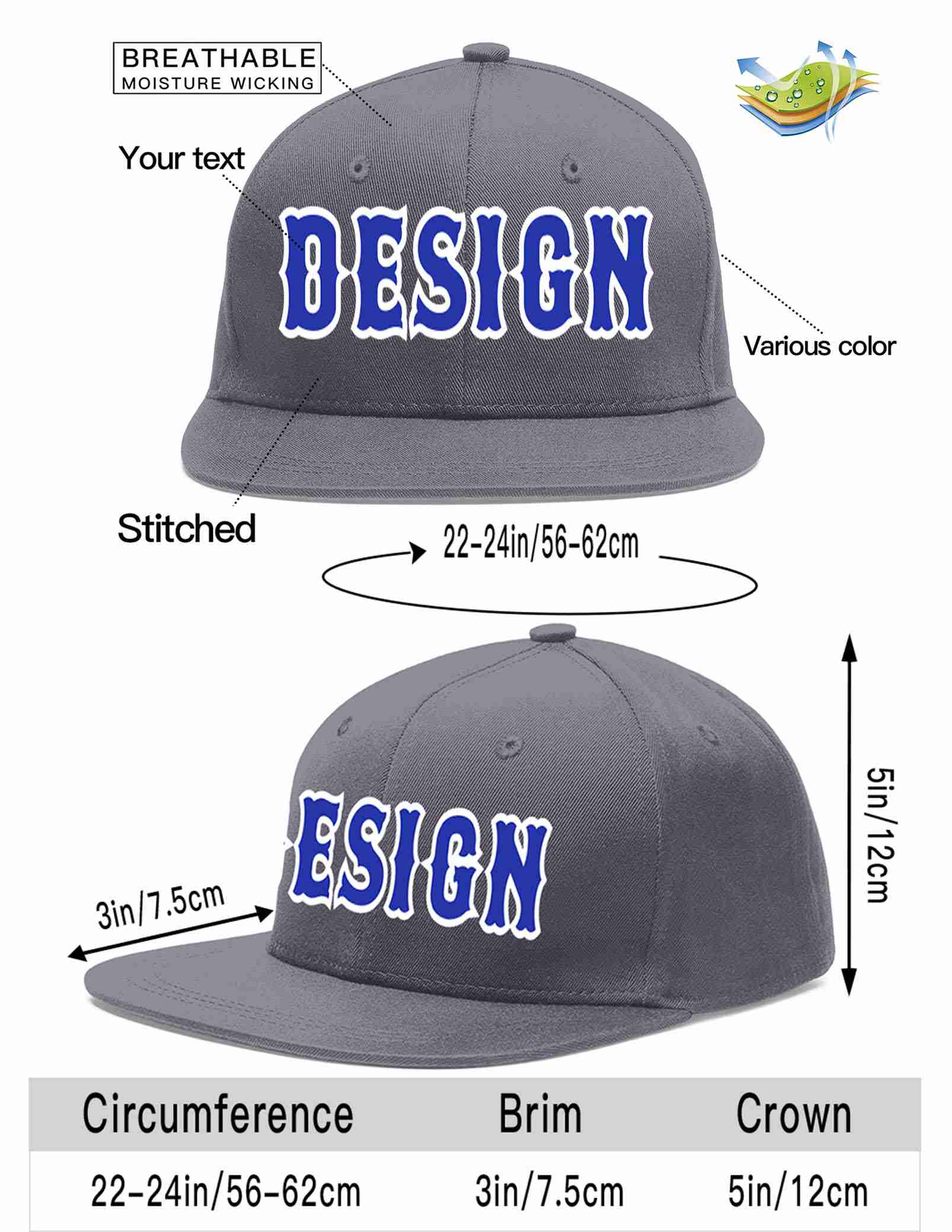 Custom Dark Gray Royal-White Flat Eaves Sport Baseball Cap Design for Men/Women/Youth