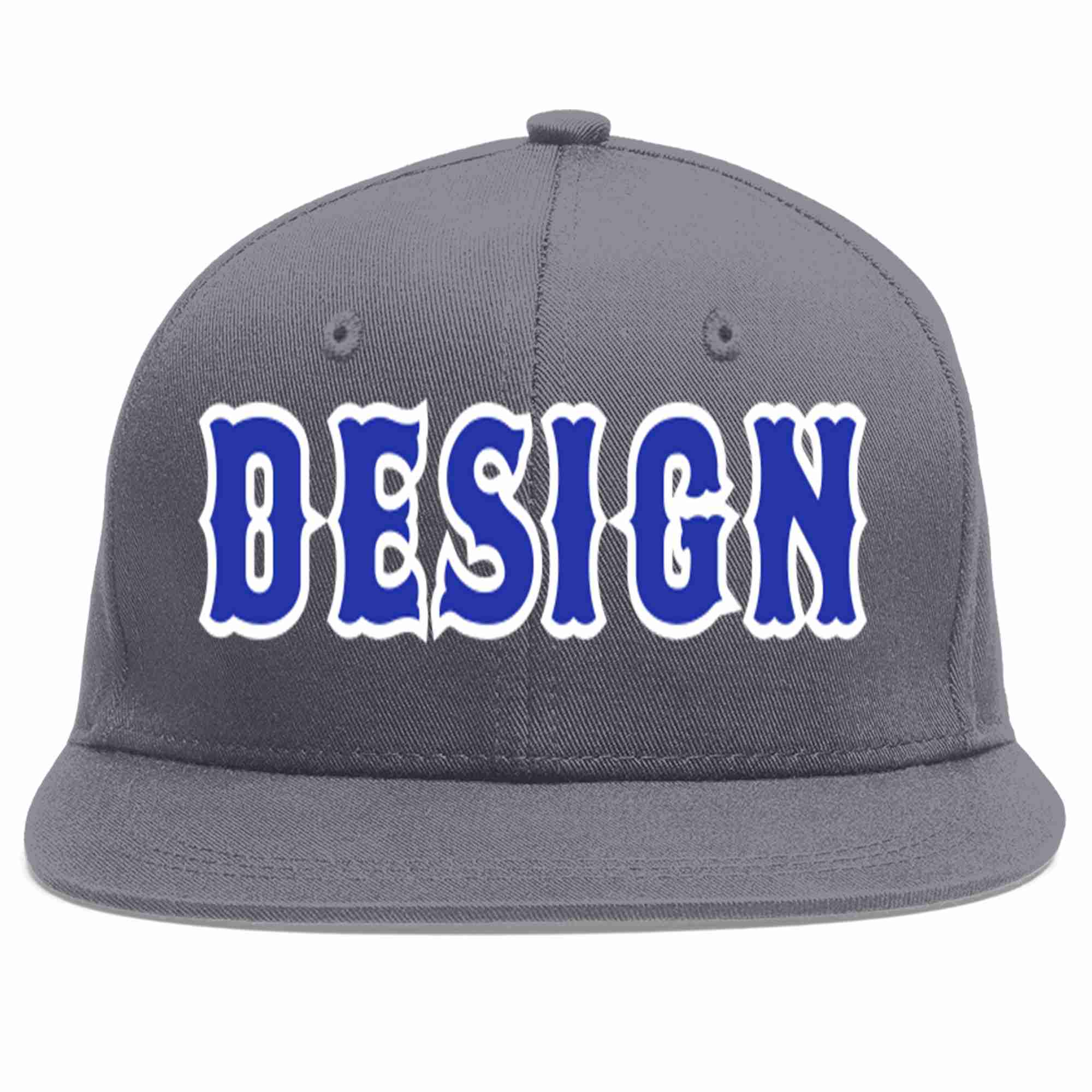 Custom Dark Gray Royal-White Flat Eaves Sport Baseball Cap Design for Men/Women/Youth