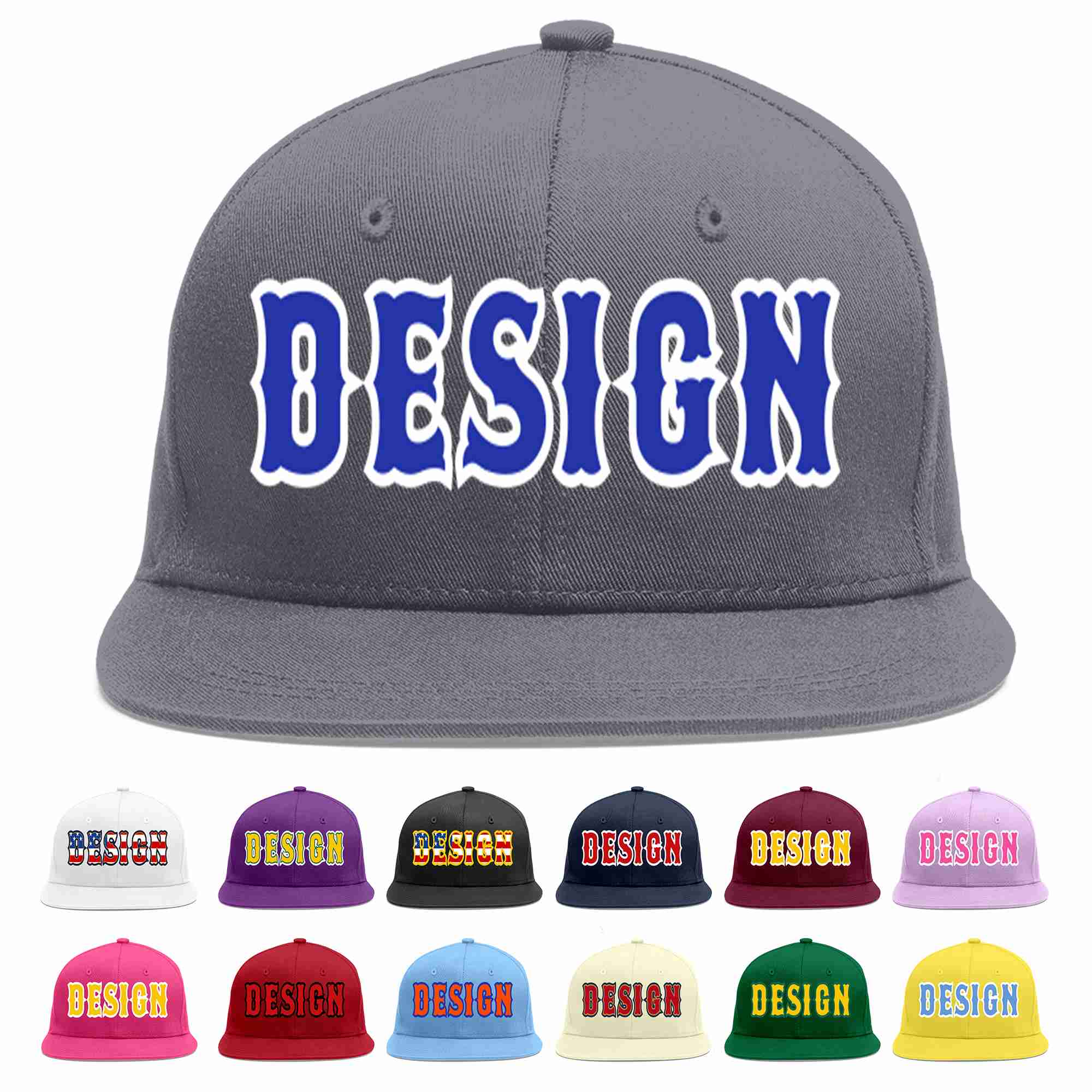 Custom Dark Gray Royal-White Flat Eaves Sport Baseball Cap Design for Men/Women/Youth